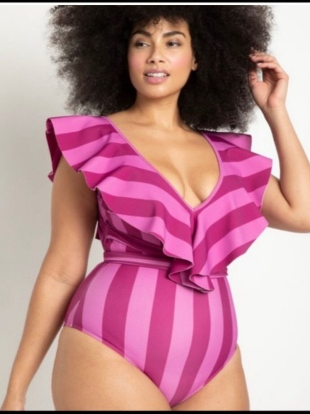 Eloquii Ruffled Stripe One-Piece Swimsuit in Purple and Pink Size 22 Tie Waist